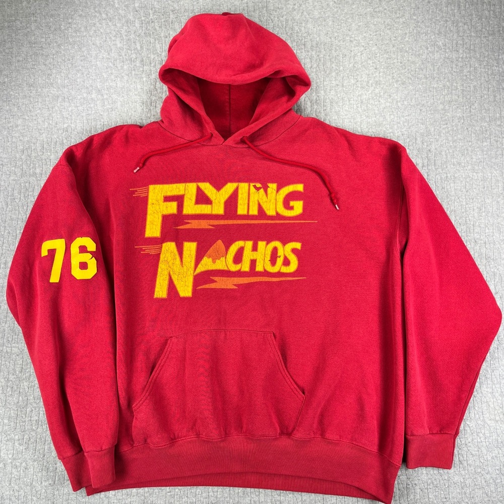 Vintage Lee made in USA Flying Nachos Hoodie Mens XL Red Heavyweight Pullover